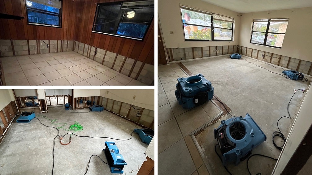 Removed flood-damaged walls and structural drying equipment in place.
